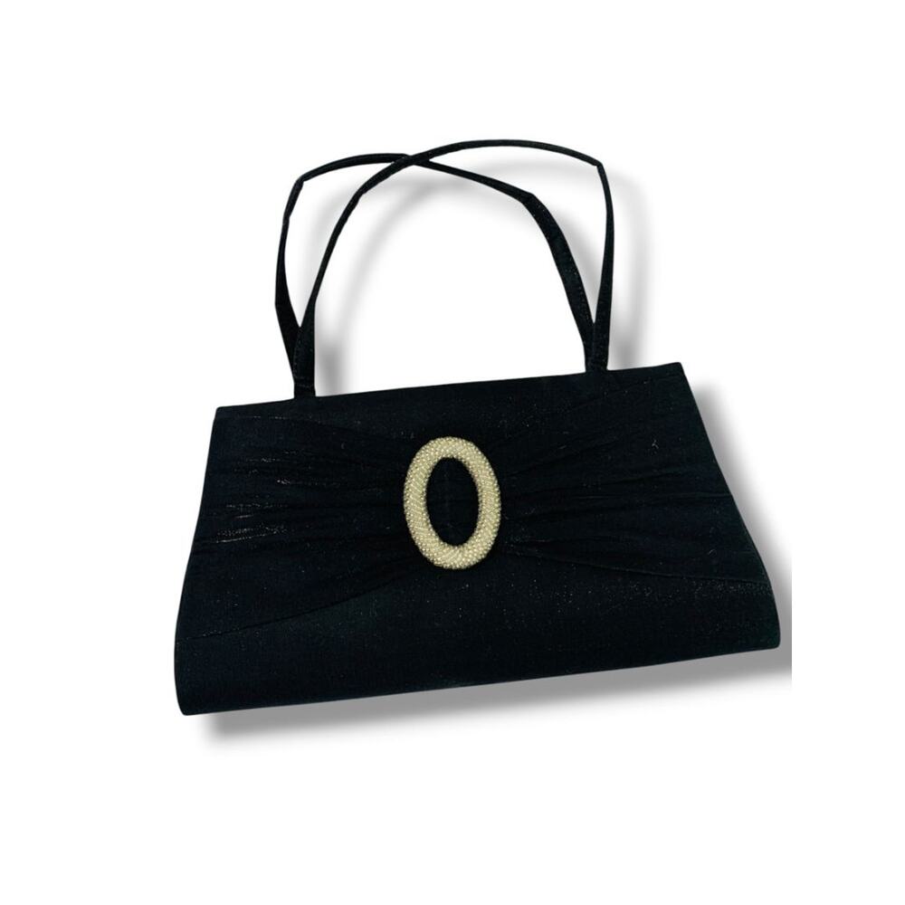 La Regale Black Evening Bag Silvertone Rhinestone Embellished Snap‎ Top